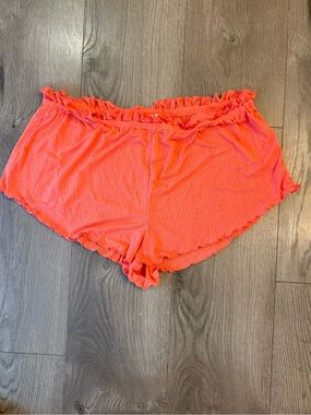 Anthropologie Neon Coral Ribbed Lounge Shorts with Ruffle Waist